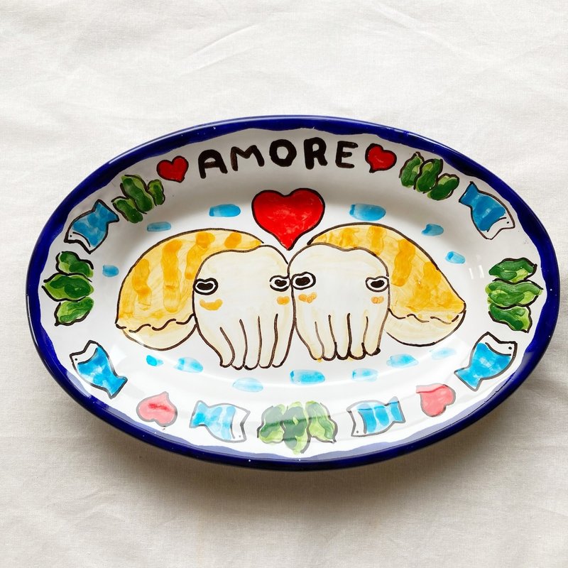 oval plate 26cm Italian pottery majolica  cuttlefish - จานและถาด - ดินเผา สีน้ำเงิน