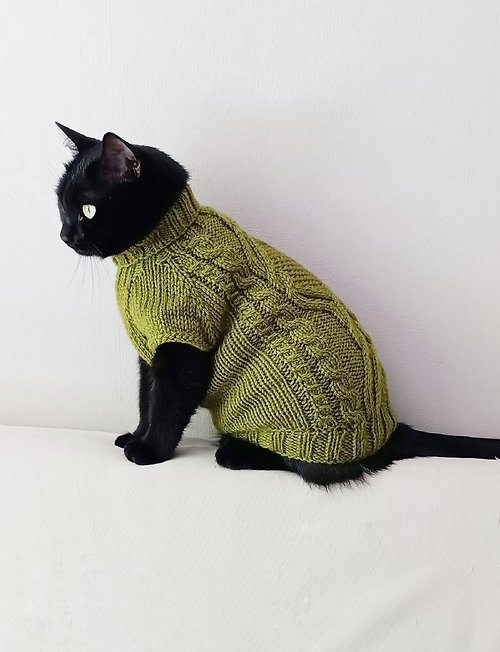 StylishCatDesign Cable cat sweater Sphynx clothing Wool cat jumper Turtleneck pet sweater