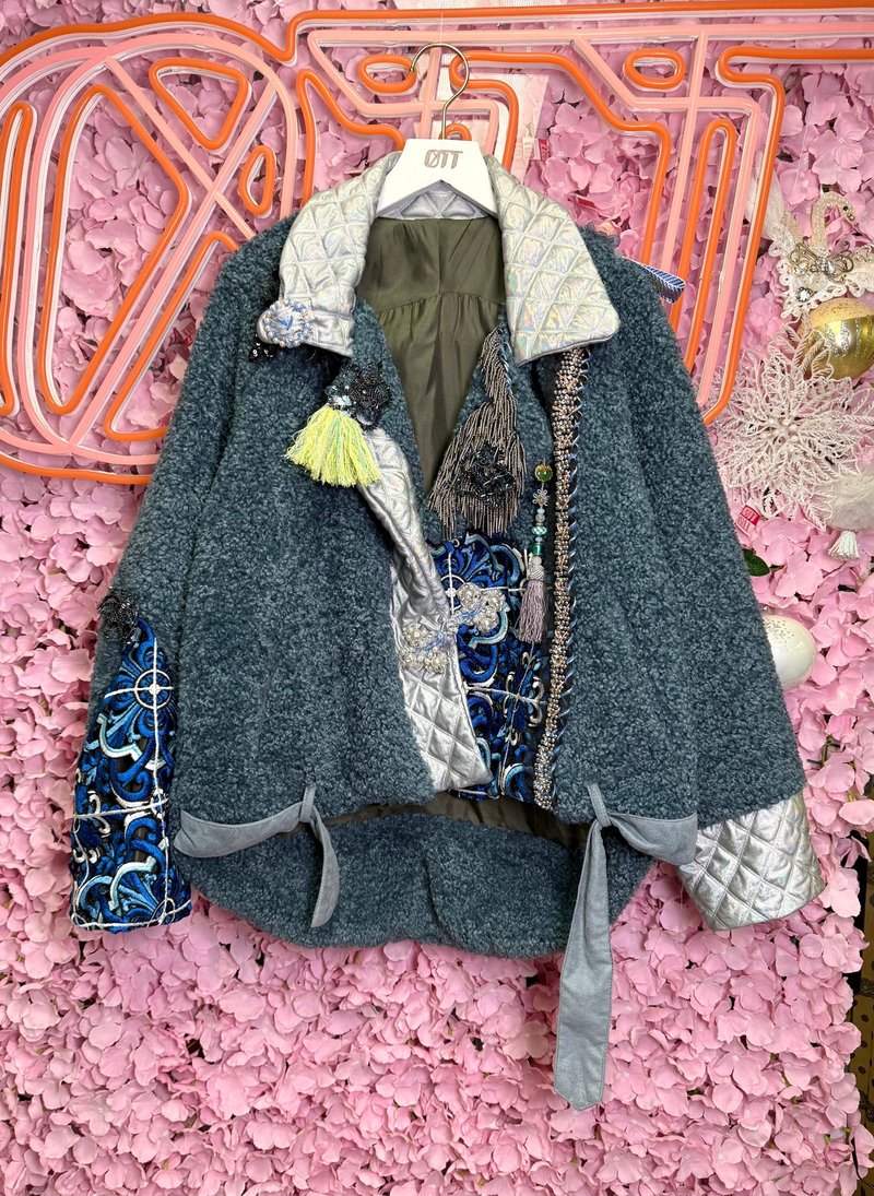 OTT Unique•Unique Japanese blue and gray heavy-duty beaded embroidery cotton wool jacket - เสื้อแจ็คเก็ต - ขนแกะ สีน้ำเงิน