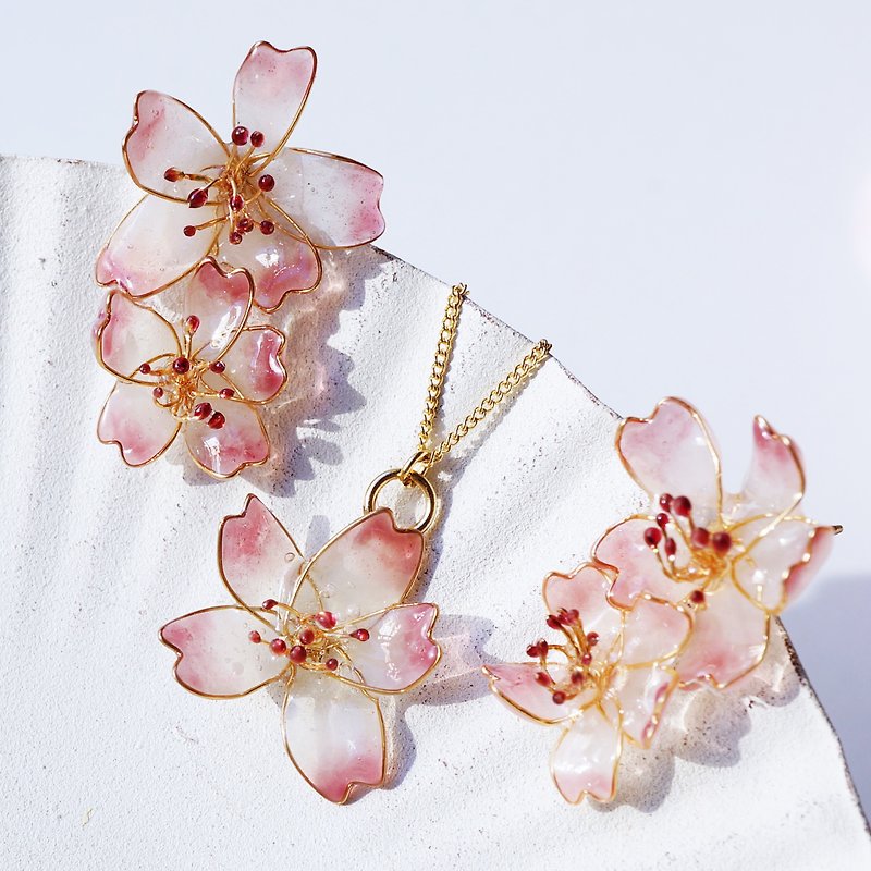 Slightly cherry blossom jewelry set - Earrings & Clip-ons - Other Materials Pink