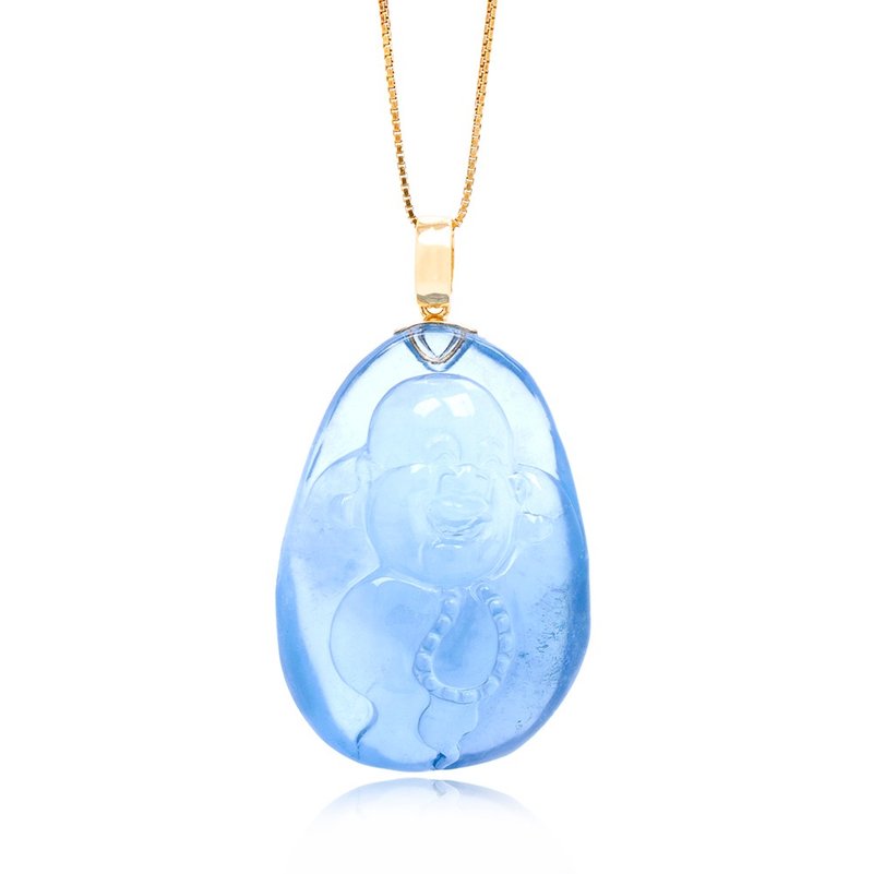 Aquamarine Triple A Grade Big Belly Buddha 9.9g Pendant 18K Gold Clasps - Necklaces - Semi-Precious Stones Multicolor