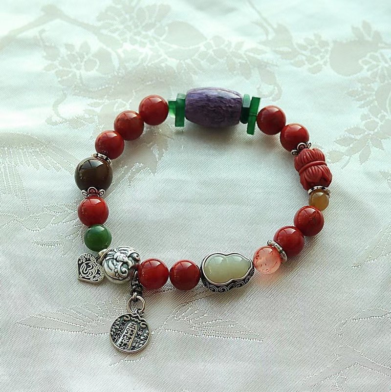 Natural full flesh flame pattern southern red agate multi-treasure bracelet amethyst jade salt source southern brown sugar material - สร้อยข้อมือ - คริสตัล 