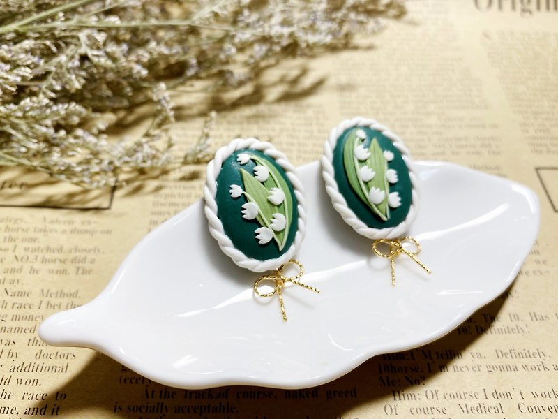 Happiness Comes Again Oval Vintage Lily of the Valley Handmade Soft Pottery Earrings | Clip-On - Earrings & Clip-ons - Clay White