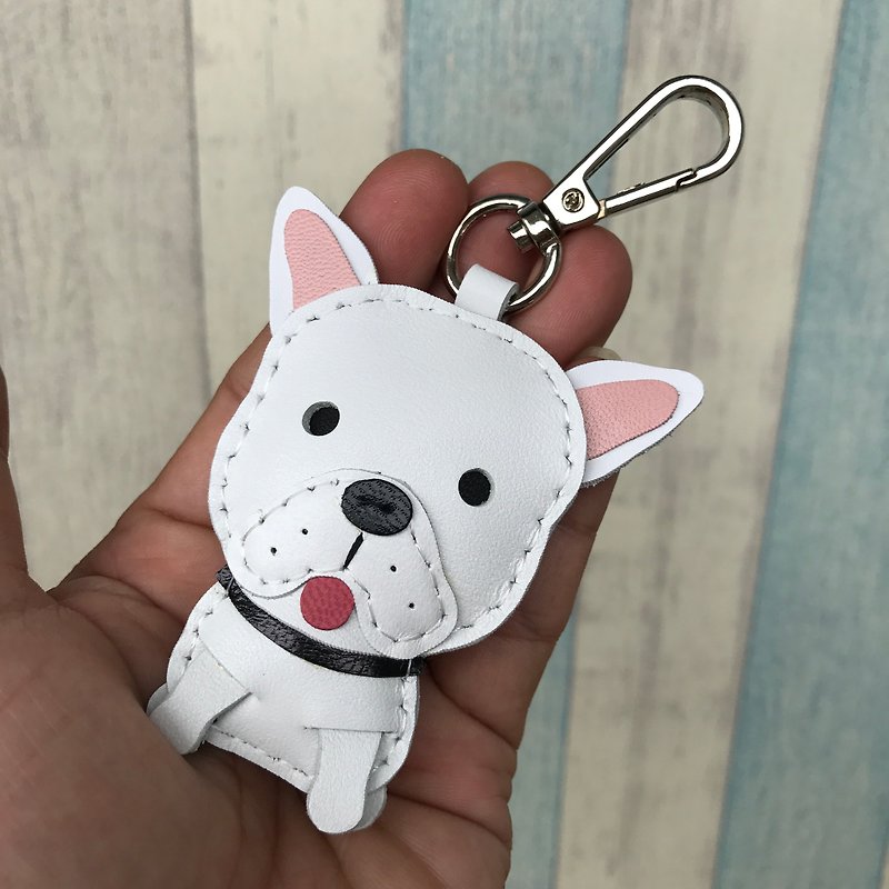 Healing Small Objects Handmade Leather White French Dog Fighting Hand-stitched Keychain Small Size - ที่ห้อยกุญแจ - หนังแท้ ขาว