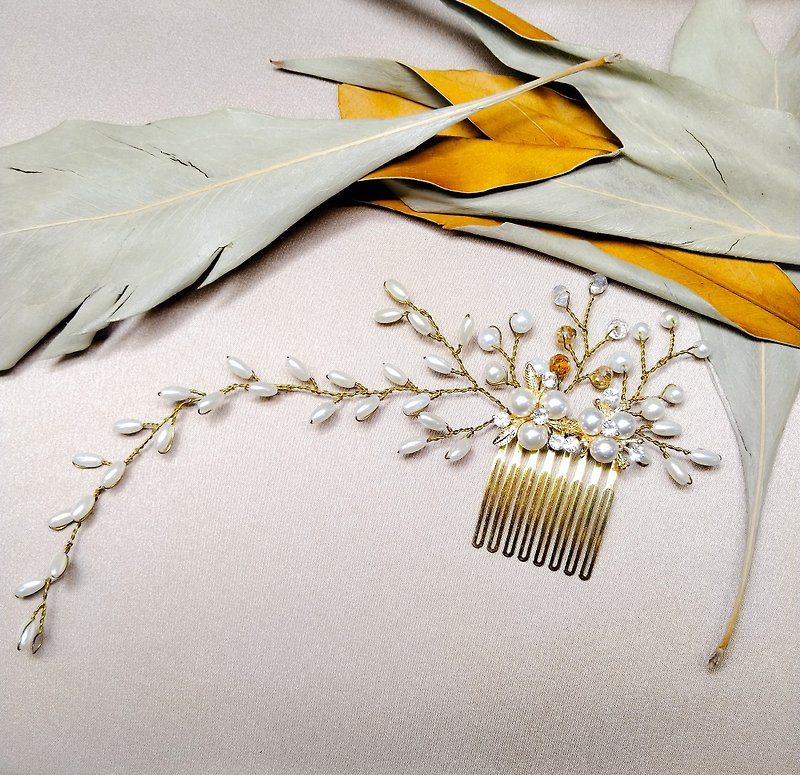 Wearing a happy rice ear series - bridal hair comb. French comb. Self-service wedding 051-2 - เครื่องประดับผม - โลหะ 