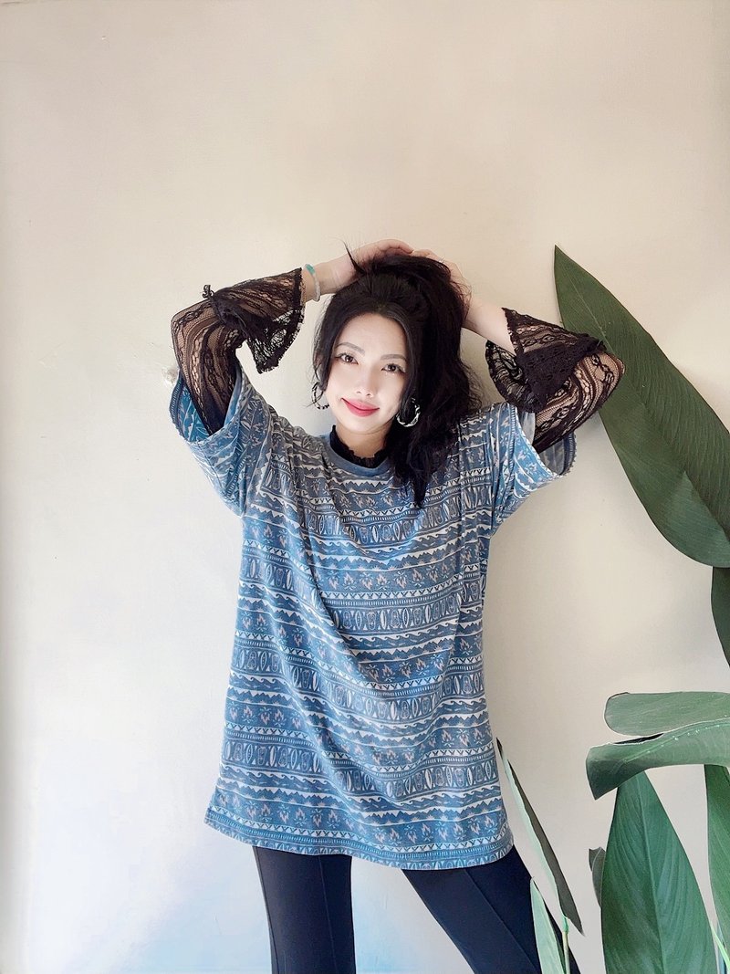 Amina Tshirt日系日牌滿版圖騰 棉質 軟料 寬大 寬鬆 大尺寸棉T恤 - 女 T 恤 - 棉．麻 藍色