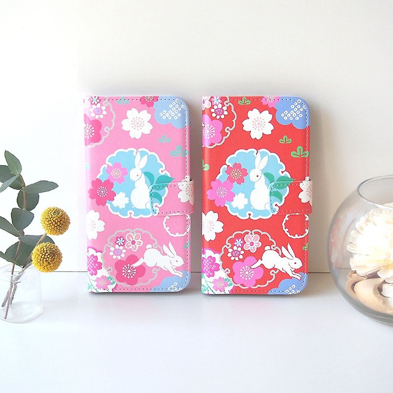 Notebook type phone case - Japanese Cherry Blossoms & Rabbits - - Phone Cases - Faux Leather Red