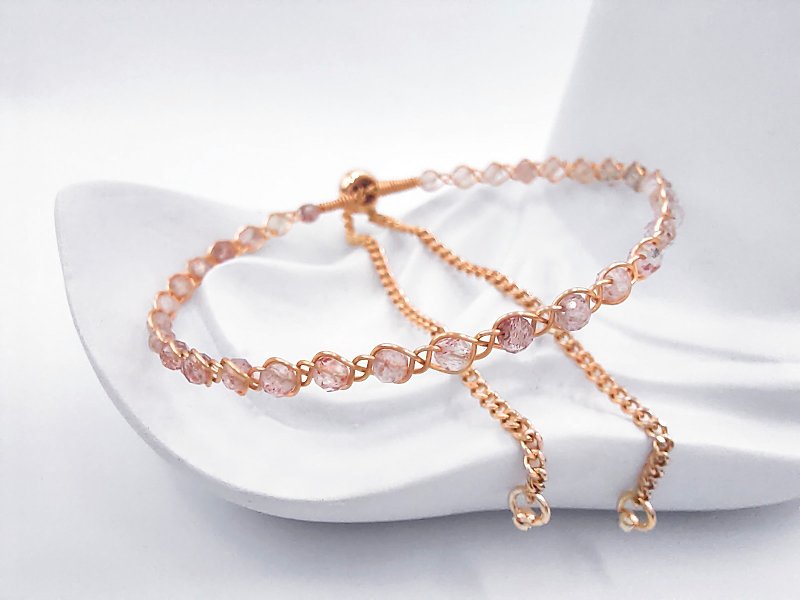 Braided | Strawberry Quartz, Gold Color, Wire Braid, Adjustable Bracelet - Bracelets - Crystal Pink