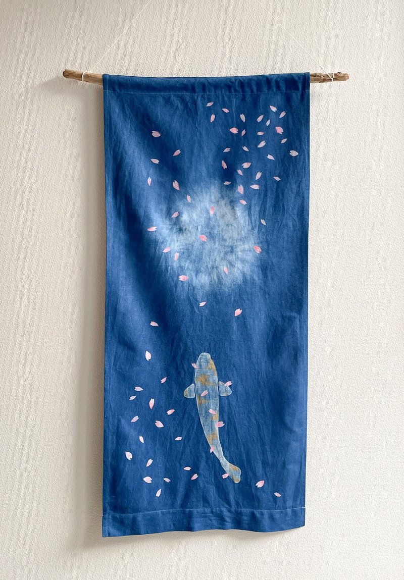 日本製 桜に恋する鯉 Sakura Carp Tapestry cherry blossom Indigo dyed 藍染タペストリー　型摺り染　aizome - 壁貼/牆壁裝飾 - 棉．麻 藍色