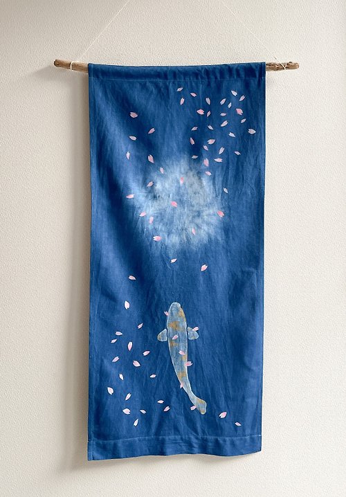 BLUE PHASE 日本製 桜に恋する鯉 Sakura Carp Tapestry cherry blossom Indigo dyed 藍染タペストリー 型摺り染 aizome