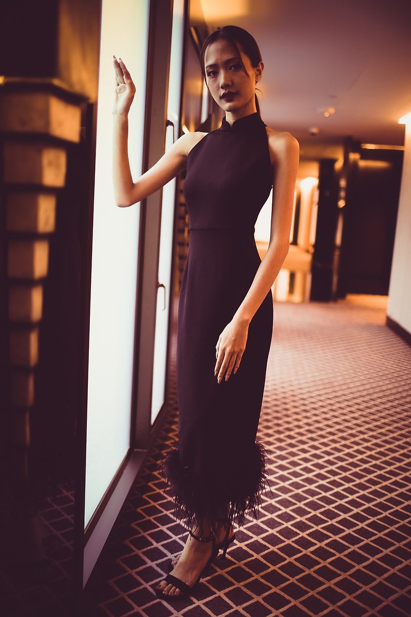 黒の肩までの長さのフェザーマーメイドチャイナドレス | イブニングドレス | ブライダルチャイナドレス | 香港デザイン - チャイナドレス - その他の素材 ブラック