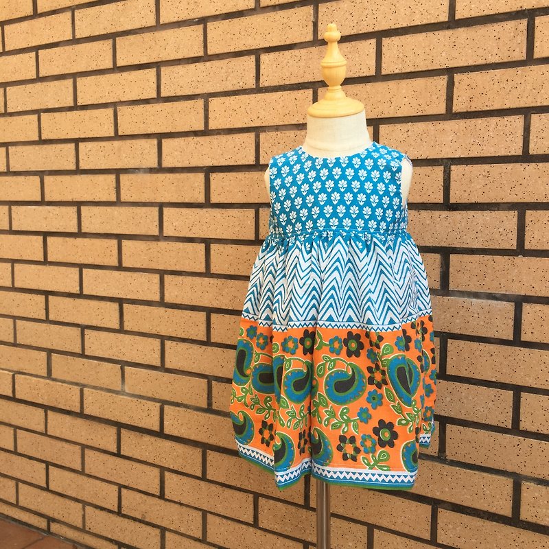 女童背心洋裝- Blue paisley handblock - 女童洋裝/裙子 - 棉．麻 藍色