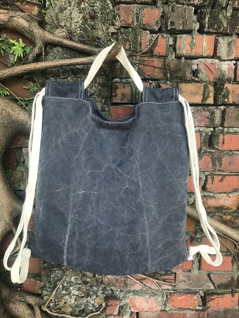 Unusual beam pocket backpack shoulder bag backpack beam backpack stone wash dark blue - Drawstring Bags - Cotton & Hemp 