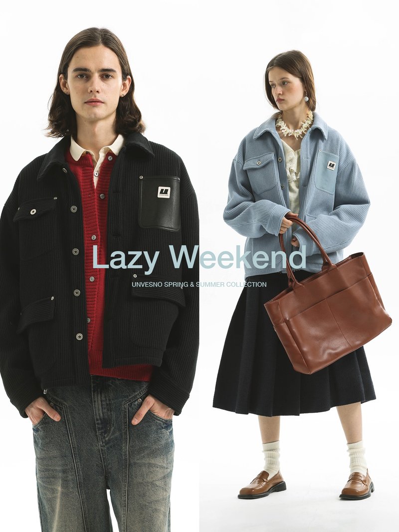 Unvesno (UN)Chore coat 90s多口袋翻領粗針肌理休閒夾克外套 - 女大衣/外套 - 棉．麻 