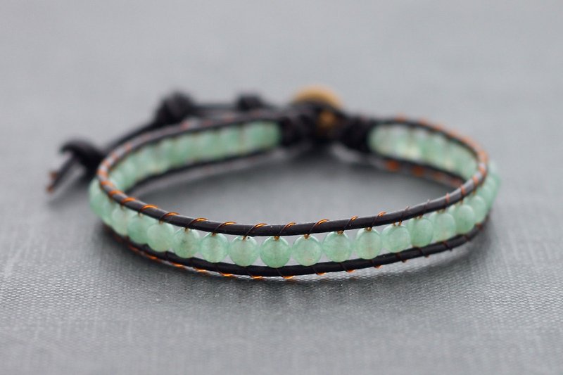 Jade Beaded Bracelets Leather Braided Brass Unisex Basic Casual - สร้อยข้อมือ - หนังแท้ สีเขียว