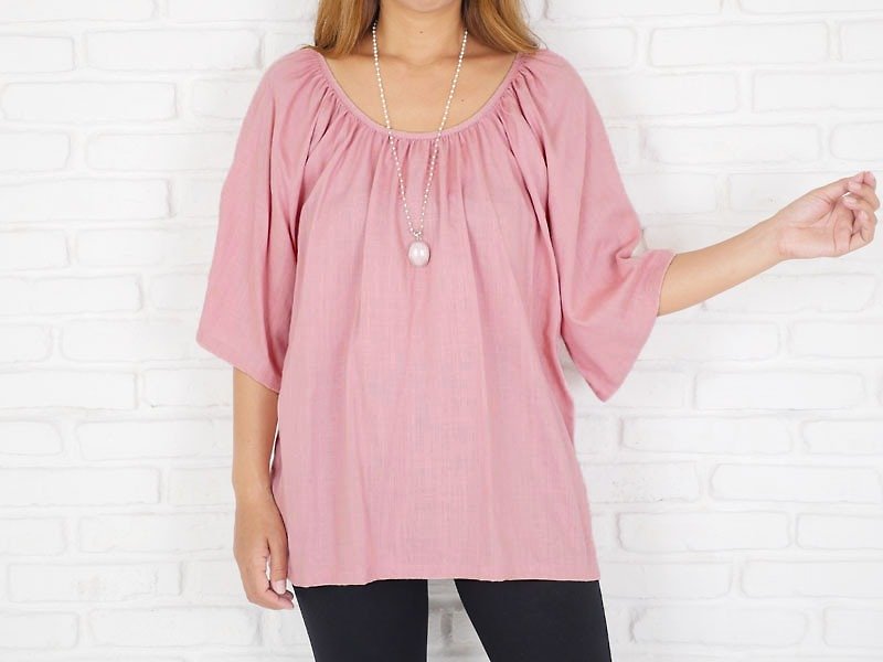 Adult linen simple tunic <pink> - เสื้อผู้หญิง - ผ้าฝ้าย/ผ้าลินิน สึชมพู