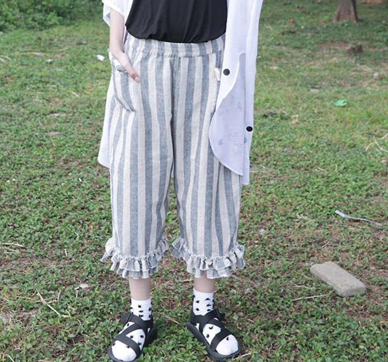 Gray-blue striped straight leg pants - imakokoni - กางเกงขายาว - ผ้าฝ้าย/ผ้าลินิน สีดำ