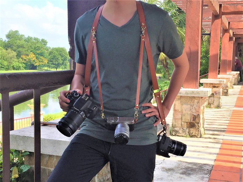 Personalized Leather camera harness //Photographer Harness //Dual Camera harness - Camera Straps & Stands - Genuine Leather Brown