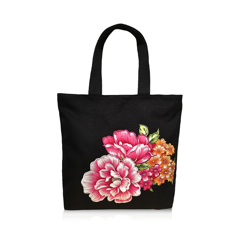 【Mr. Floral Cloth】Embroidered Shoulder Bag (Black) - กระเป๋าถือ - ผ้าฝ้าย/ผ้าลินิน สีดำ