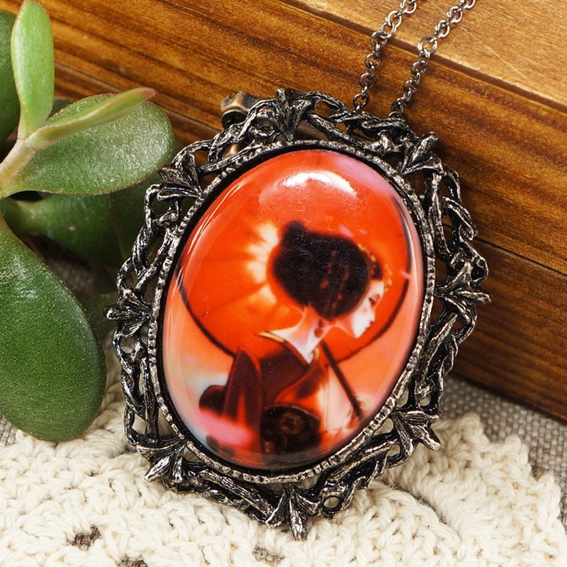 Red Geisha Japanese Lady Porcelain Cameo Pin Brooch and Pendant Necklace Jewelry - Brooches - Porcelain Red
