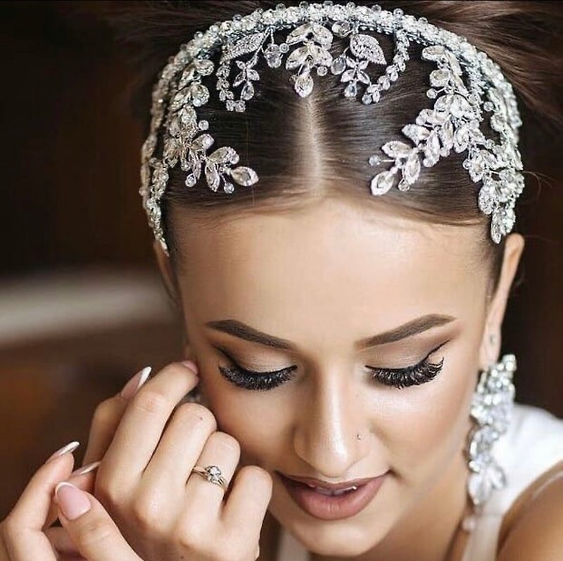 Luxury bridal headpiece, Flower wedding crown, Modern Crystal tiara, Veil diadem - Hair Accessories - Other Materials Silver