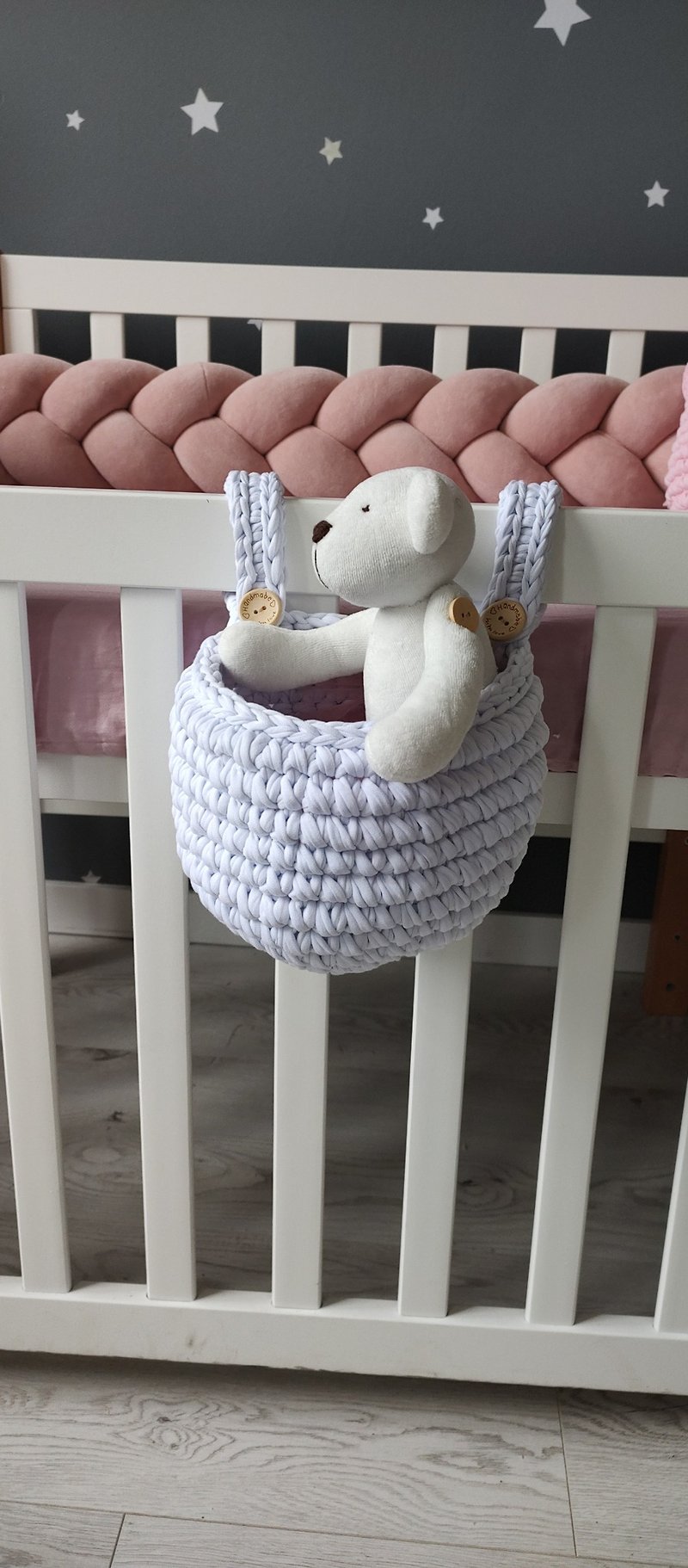 Baby basket hanging. Handmade. Storage crochet basket - Beverage Holders & Bags - Cotton & Hemp White