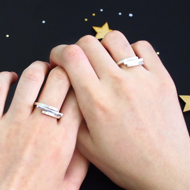 Couple ring Star trails track ring satellite sterling silver pair ring-2pcs - Couples' Rings - Sterling Silver Black