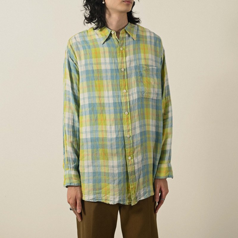 【NaSuBi Vintage】Classic silhouette Linen plaid vintage shirt - Men's Shirts - Cotton & Hemp Green