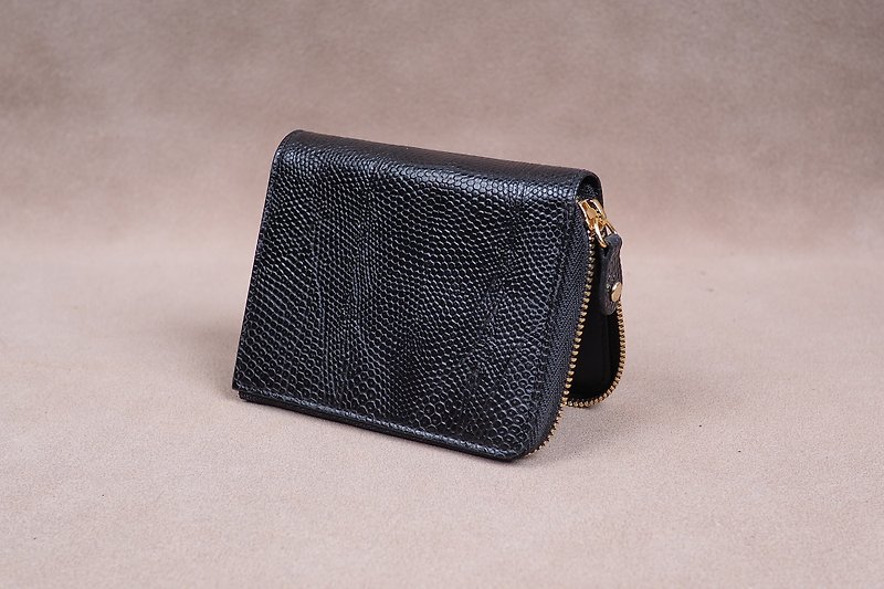 Zipper Wallet / Coin Wallet / Italy Lizard Cow Leather(Black) - 散紙包 - 真皮 