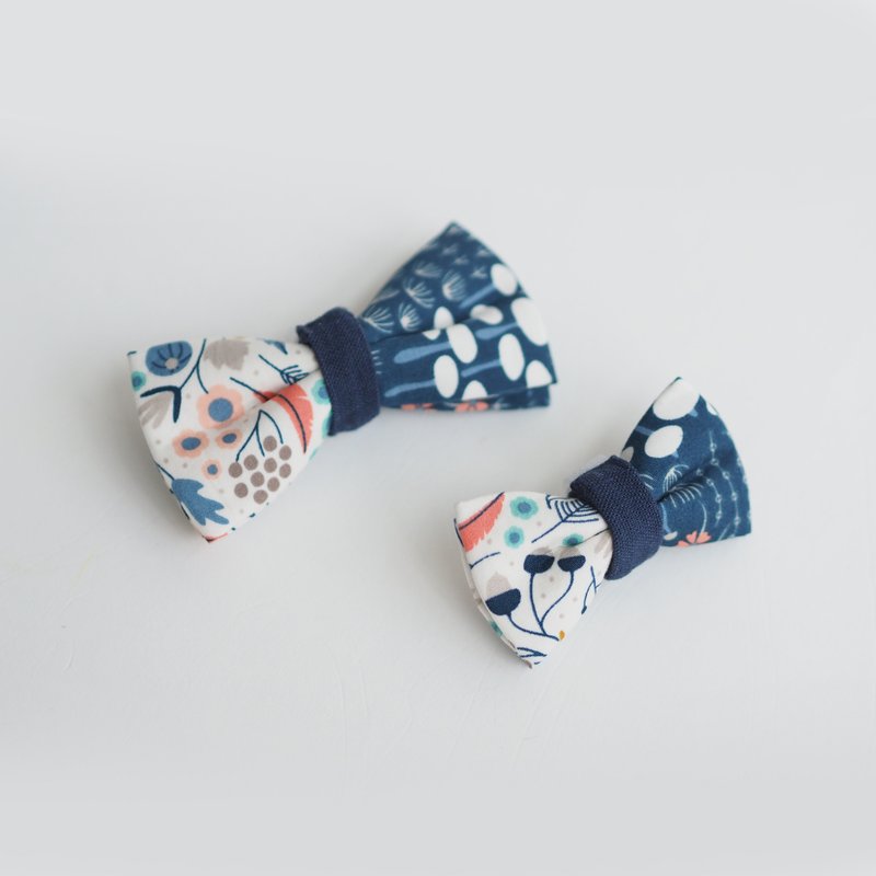 蓝色花草图案蝴蝶結(M) - 項圈/牽繩 - 棉．麻 藍色