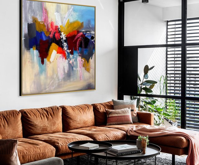 キャンバスに描かれた巨大なカラフルな抽象画 ベージュのオリジナル