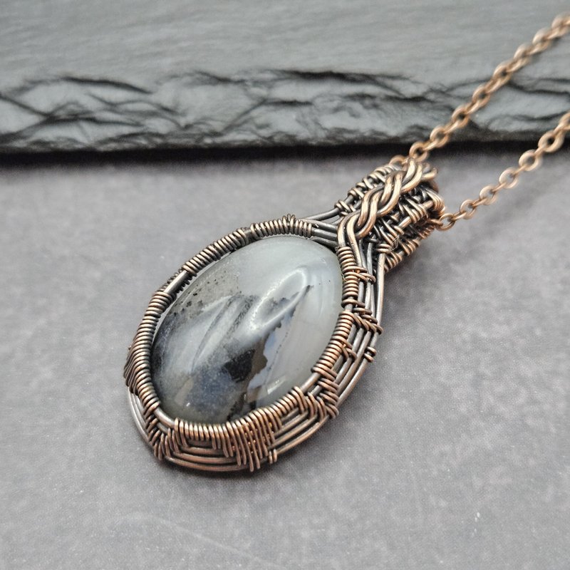 Ocean Agate Wire Wrapped Pendant , Copper , Oxidized - สร้อยคอ - ทองแดงทองเหลือง ขาว