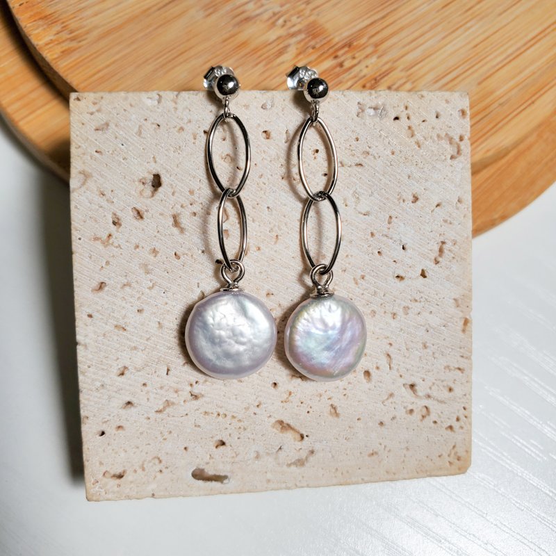 Freshwater Rainbow White Flat Coin Baroque Pearl 925 Silver Ring Chain Earrings - Earrings & Clip-ons - Pearl White
