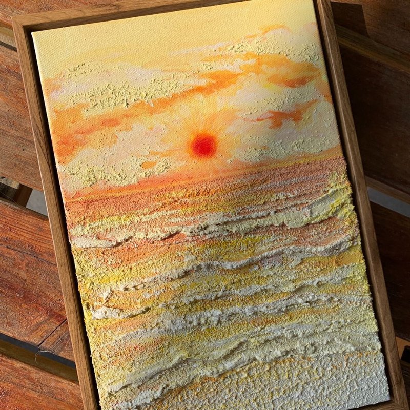 Pre-order at the exhibition | Only one piece | Hand-painted framed decorative painting | Orange sunset | Three-dimensional texture painting - โปสเตอร์ - ผ้าฝ้าย/ผ้าลินิน สีส้ม