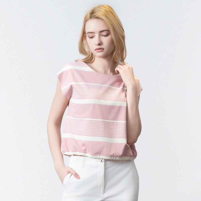 【MEDUSA】粉紅條紋5號綁繩闊肩T恤(M-XL) | 條紋T恤 女休閒上衣 - 女 T 恤 - 棉．麻 粉紅色