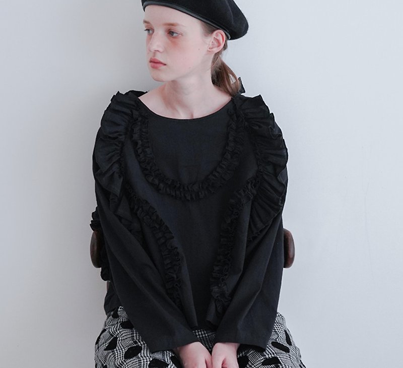 Lace black long-sleeved top - imakokoni - Women's Tops - Cotton & Hemp Black