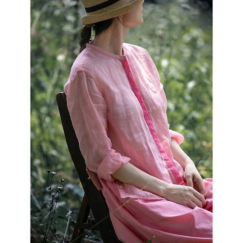 荒腔 文藝復古純色粉色立領側開叉輕薄寬松長袖苧麻襯衫