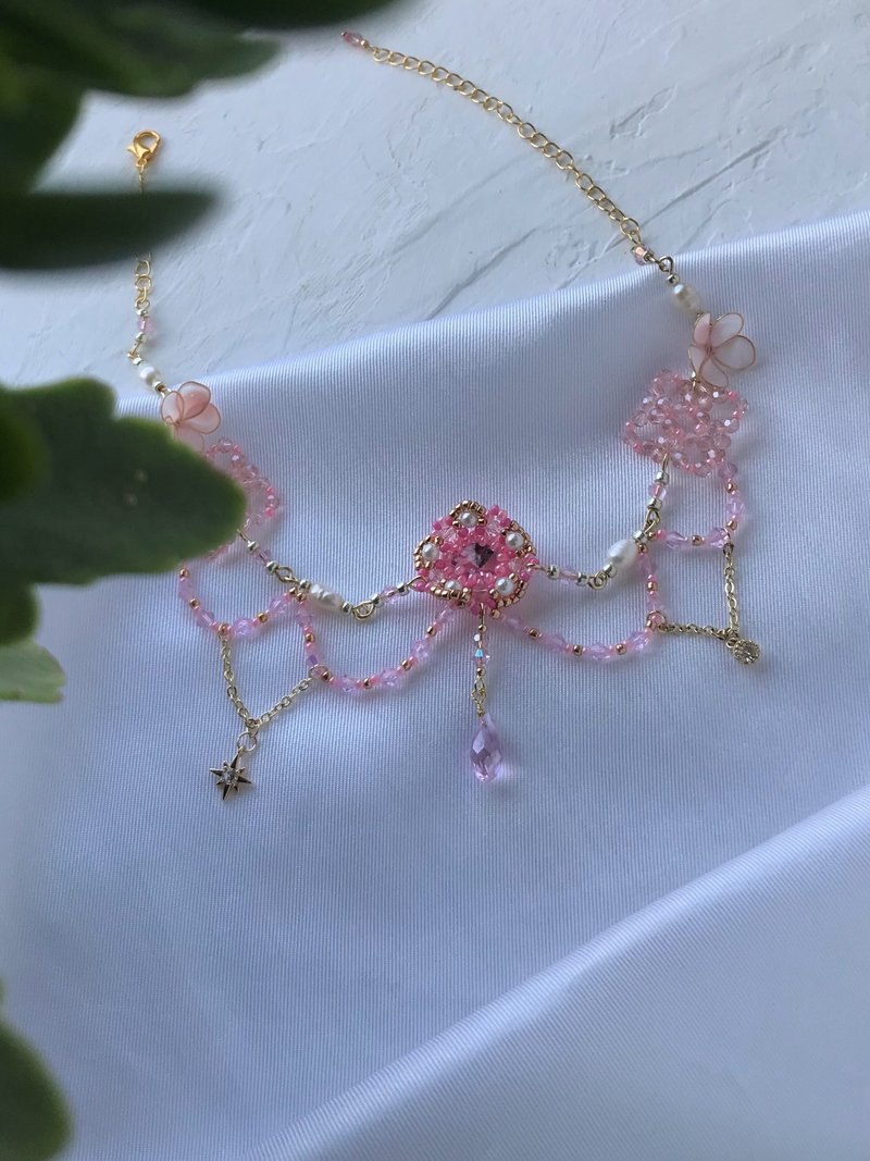 Pink Glass Pearl Beaded Grunge Fairycore Necklace.Crystal Fae Chandelier Choker. - 項鍊 - 珍珠 粉紅色
