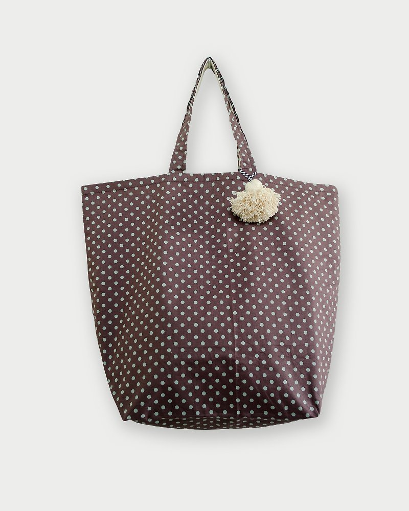 Fabric Bag | Large Market Bag - Polkadot Bag (Brown Color) - กระเป๋าถือ - ผ้าฝ้าย/ผ้าลินิน สีนำ้ตาล