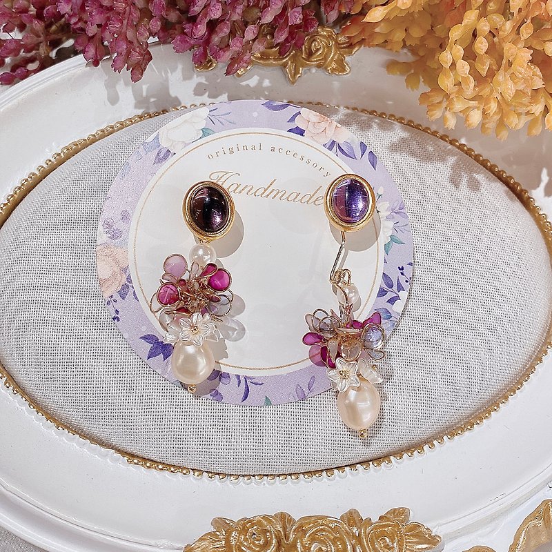 2way*purple rosemary light translucent dangling pearl earrings / ear pins / Clip-On - ต่างหู - เรซิน สีม่วง