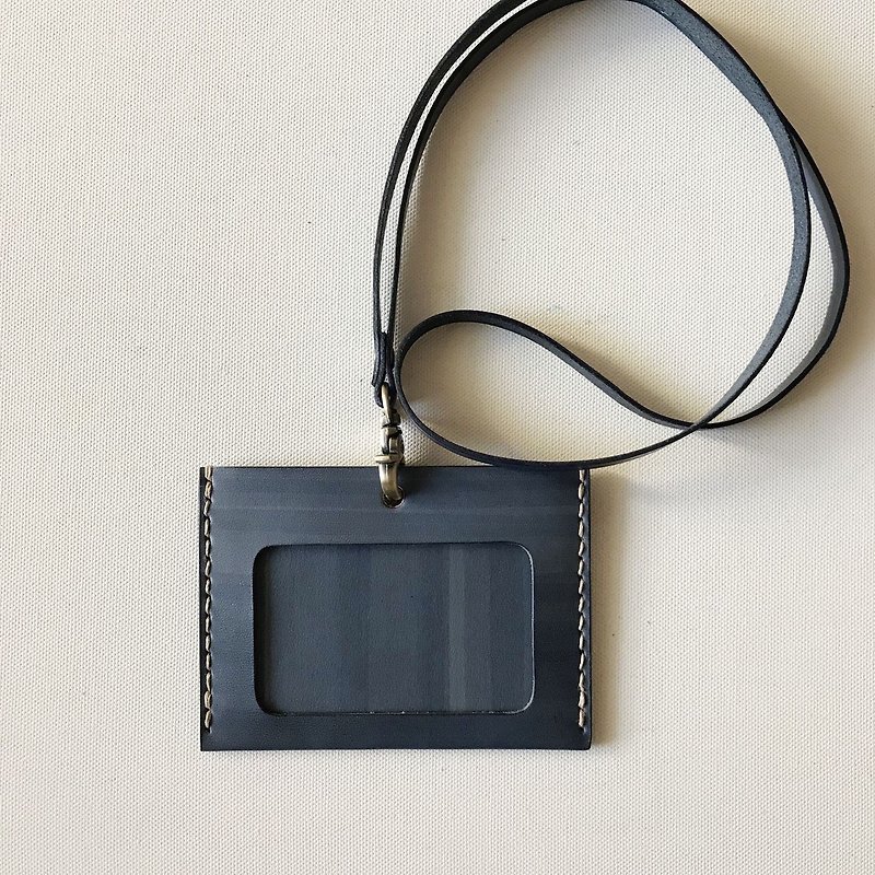 Identification card sleeve + neckband_horizontal_dual card layer_ink blue_ID Holder - ที่ใส่บัตรคล้องคอ - หนังแท้ สีน้ำเงิน