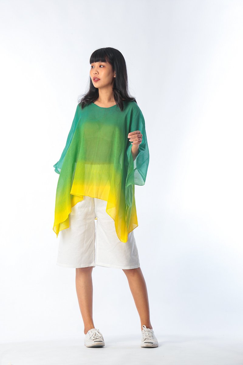Poncho Cotton Rayon Blouse Hand Painted for Summer resort vacation