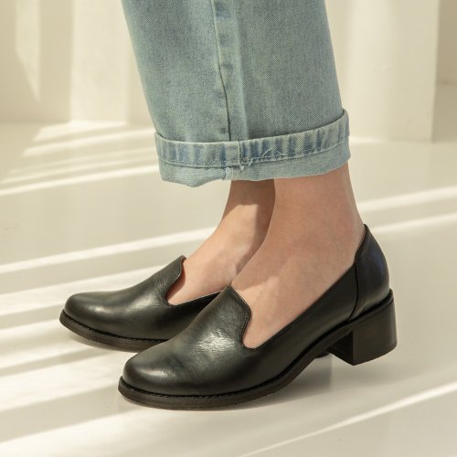 台湾　ローファー パンプス本皮ハンドメイド STYLEBLOCK パンプス ローファー スクエアトゥ 太ヒール