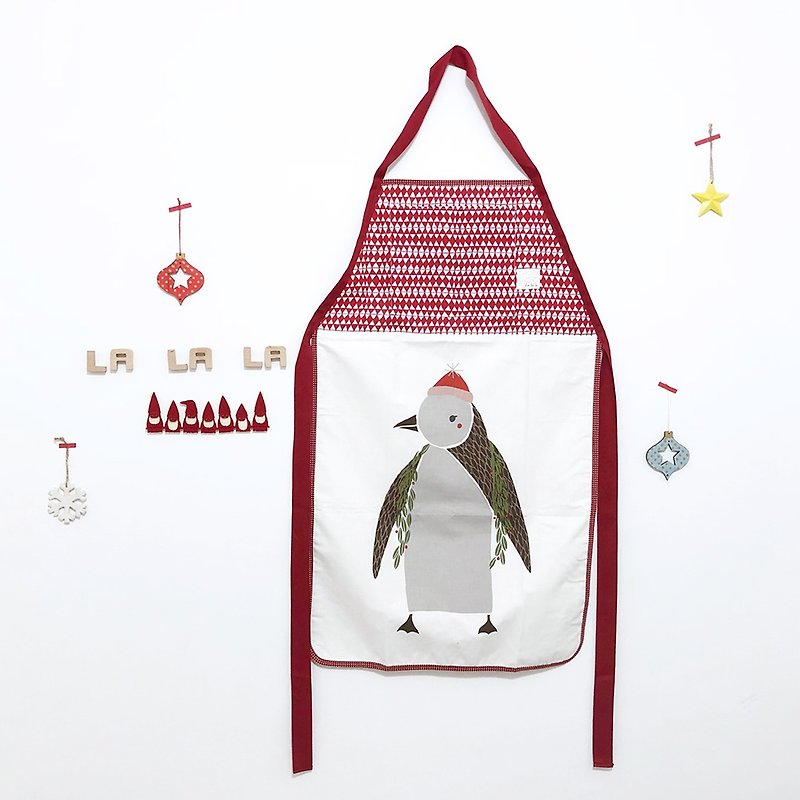 [Christmas chef comes to my house] apron penguin - ผ้ากันเปื้อน - ผ้าฝ้าย/ผ้าลินิน สีแดง