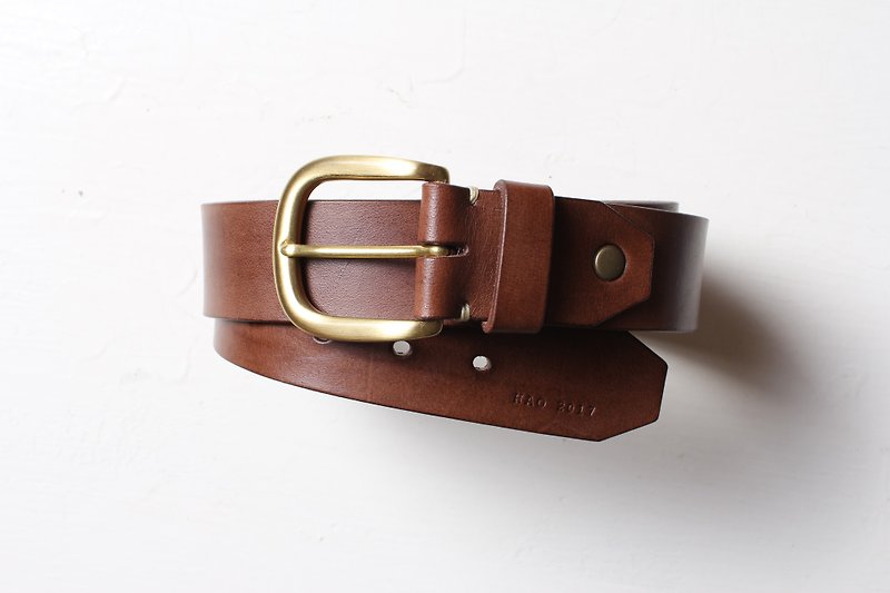 Tea skin minimalist belt belt retro handsome [free custom engraving 1-7 characters] - เข็มขัด - หนังแท้ 