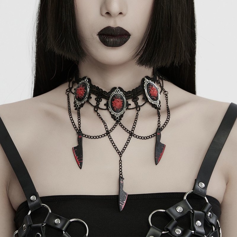 Gothic Halloween Blood Red Rose Kitchen Knife Necklace/Halloween - สร้อยคอ - วัสดุอื่นๆ สีดำ