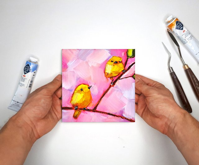 カナリア 絵画鳥オリジナル アート カップル鳥油絵 動物 小さい