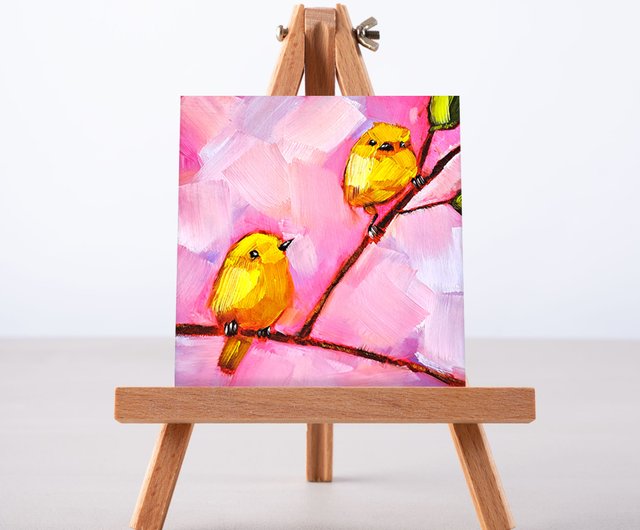 カナリア 絵画鳥オリジナル アート カップル鳥油絵 動物 小さい