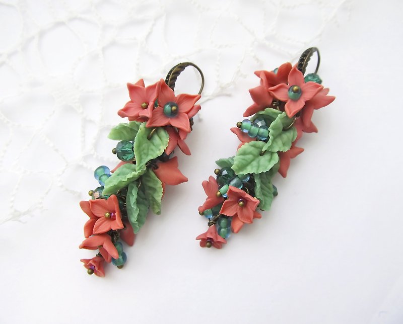 Coral flower earrings Long clusters earrings Summer boho earrings Elf jewelry - Earrings & Clip-ons - Clay Multicolor