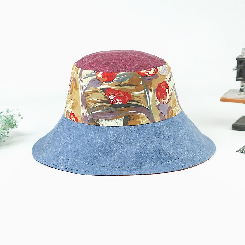 マーベリック村の手作り両面帽子漁師の帽子レトロなバラ[フランス古典的な女性] BF  -  62 - 帽子 - コットン・麻 カーキ